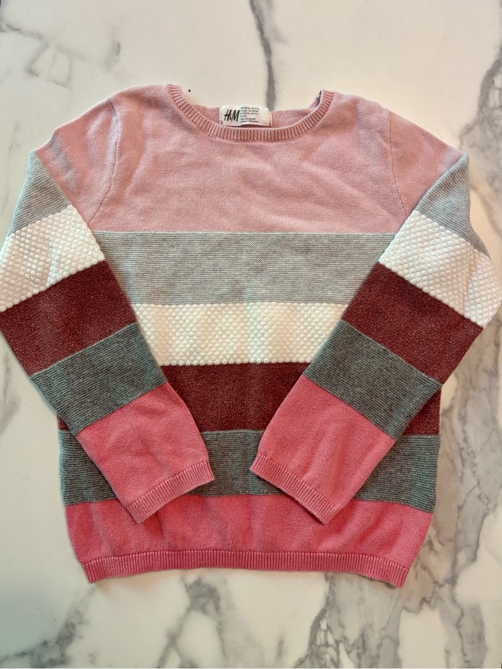 H&M Kid’s Striped Crewneck Sweater in Pink, Gray, Cream, and Burgundy